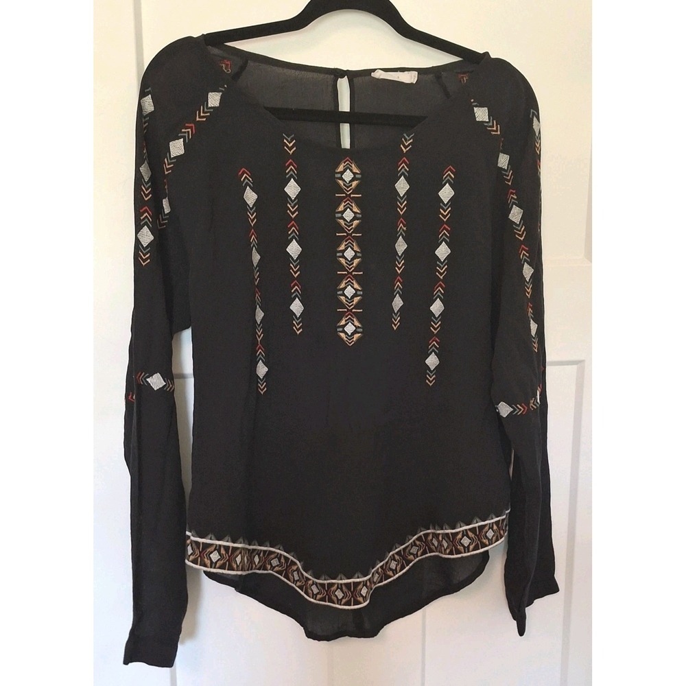 Lush Embroidered Boho Blouse Womens L Black Southwestern Long Sleeve Top - Picture 2 of 12